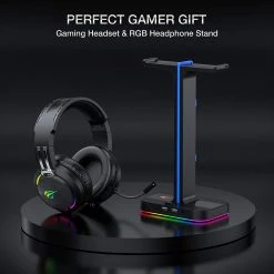 HAVIT TH650A RGB Gaming Headset & Dual Hanger Headphone Stand Set With Phone Holder & 2 USB Ports