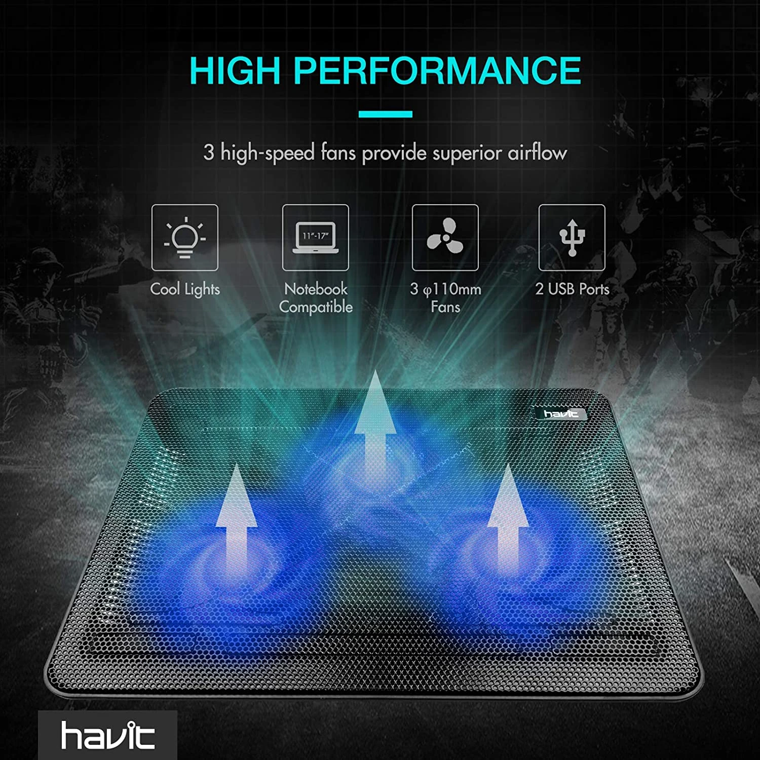 HAVIT HV-F2056 15.6"-17" Laptop Cooler Cooling Pad - Portable USB Powered (3 Fans) 3 HAVIT HV-F2056 15.6"-17" Laptop Cooler Cooling Pad - Portable USB Powered (3 Fans)